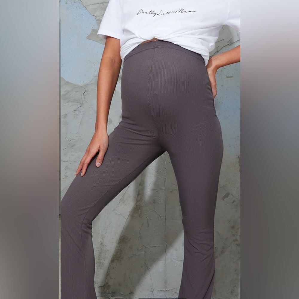 Pretty Little Thing Maternity Slate Ribbed Flared Leggings Grey 10 NWT IN PKG